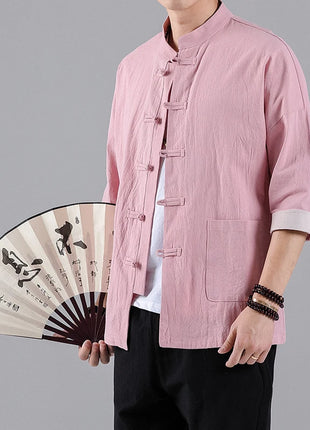 Camicie in Stile Cinese per Uomo, Top Tradizionale Tang in Lino a Mezza Manica, Camicia Kung Fu Hanfu Vintage Casual, Taglie Grandi fino a 5XL