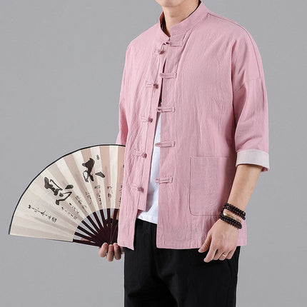 Camicie in Stile Cinese per Uomo, Top Tradizionale Tang in Lino a Mezza Manica, Camicia Kung Fu Hanfu Vintage Casual, Taglie Grandi fino a 5XL