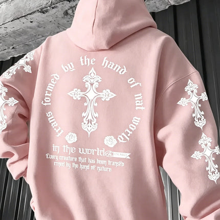 2026 Royal Blue Gothic Cross Hoodie Men Women Rose Print Oversized Pullover Y2K Streetwear Casual Sweatshirt