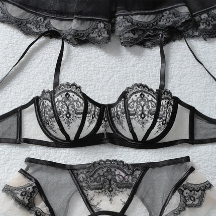 Tornova Erotic Underwear Fashionable See-through Veil with Floral Embroidery Slim-fitting Sexy Hot Underwear Split Five-pieceset