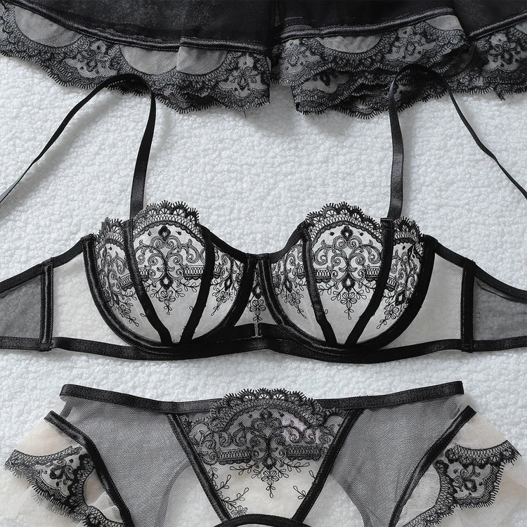 Tornova Erotic Underwear Fashionable See-through Veil with Floral Embroidery Slim-fitting Sexy Hot Underwear Split Five-pieceset