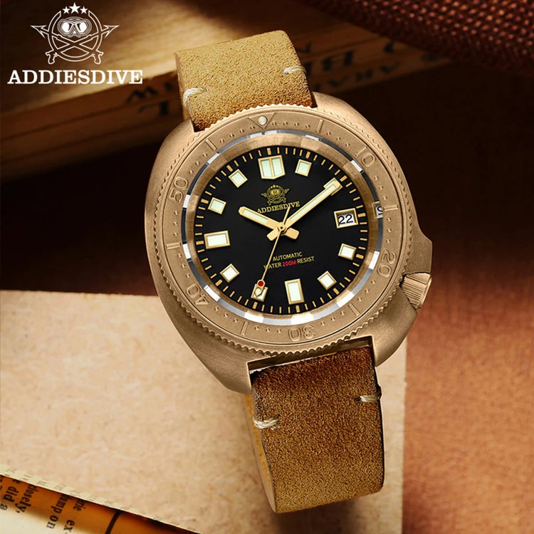 ADDIESDIVE CUSN8 Bronze Watch Men Automatic Wristwatch Calendar Sapphire Glass Luminous 20Bar Waterproof Diving Mechanical Watch