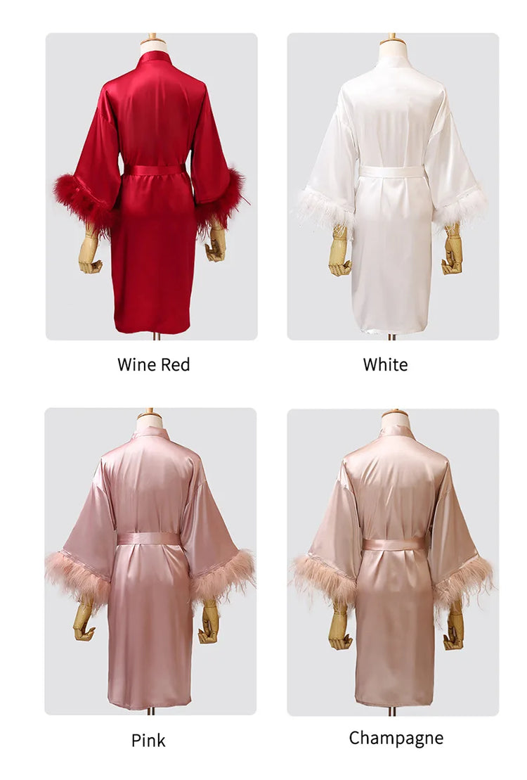 Donna piuma sposa damigella d'onore abito da sposa raso Kimono accappatoio abito da notte ricamo lettera camicia da notte scollo a v Lingerie
