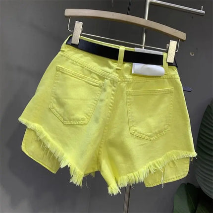 New style ripped denim shorts with frayed washed pockets and wide legs