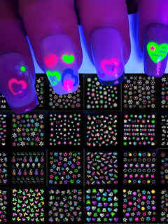 30 Sheets 3D Glow in The Dark Neon Nail Stickers - Glittery Glossy Self-Adhesive Nail Art Decorations with Butterfly, Love Heart