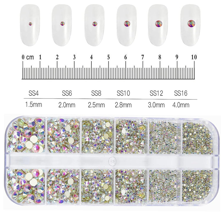 12 Grids Mixed Size Nail Rhinestones SS6 to SS30 Shiny Clear Gold Pink Blue Flat Back Glass Gems for DIY Nail Art Manicure Decoration Supply