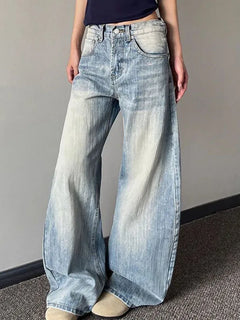 Jeans Vintage da Donna, Stile Americano Retrò, Gamba Larga Y2k, Vita Alta, Blu Chiaro, Pantaloni da Cowboy