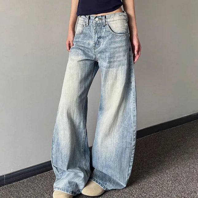 Jeans Vintage da Donna, Stile Americano Retrò, Gamba Larga Y2k, Vita Alta, Blu Chiaro, Pantaloni da Cowboy