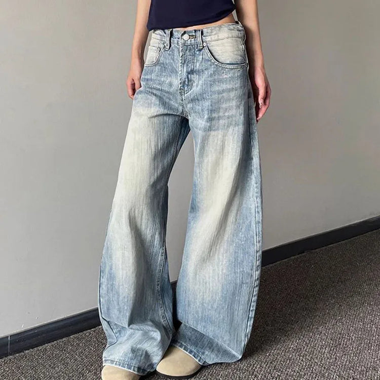 Jeans Vintage da Donna, Stile Americano Retrò, Gamba Larga Y2k, Vita Alta, Blu Chiaro, Pantaloni da Cowboy