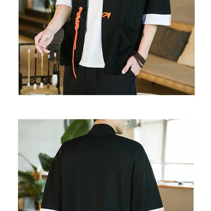 Nuova Camicia Giapponese da Samurai Ricamata in Cotone e Lino da Uomo, Vestibilità Ampia, Stile Retrò Tradizionale, Casual, Traspirante, Confortevole ed Elegante