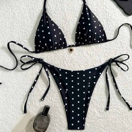 Set bikini sexy Costume da bagno 2 pezzi a pois bianco nero per donna Bikini da spiaggia stile americano platinumshop