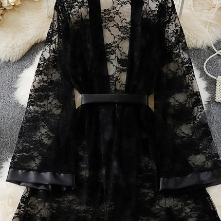 Vestido de talla grande de encaje negro con ribetes de satén: lazo en la cintura, tejido transparente para un elegante y sexy atuendo de estar en casa.seksi iç çama beheları kadın
