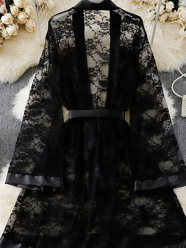 Plus size black lace dress with satin trim: tie waist, sheer fabric for ele