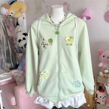 Women Clothing Anime Zip-up Hoodie Jackets Cat Embroidery Cute Outerwear Hooded Casual Fashion Sweatshirts Japanese Cute Tops