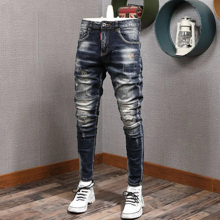 Fashion Streetwear Men Jeans Retro Black Blue Elastic Slim Fit Ripped Jeans Men Spliced Designer Embroidery Hip Hop Denim Pants PlatiNum