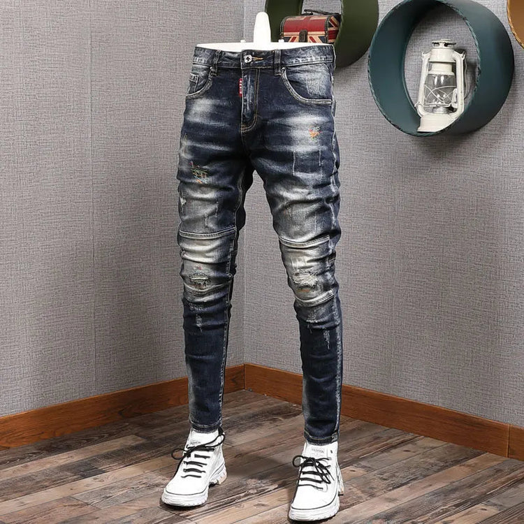 Fashion Streetwear Men Jeans Retro Black Blue Elastic Slim Fit Ripped Jeans Men Spliced Designer Embroidery Hip Hop Denim Pants PlatiNum