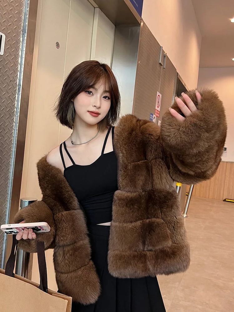 ZADORIN New Winter Faux Mink Coat Woman Elegant V Neck Long Sleeve Brown Faux Fur Coat Luxury Furry Jacket Woman Clothes Fur Top