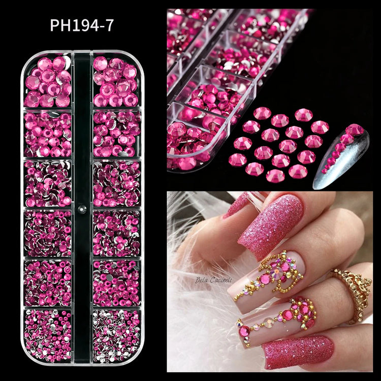 12 Grids Mixed Size Nail Rhinestones SS6 to SS30 Shiny Clear Gold Pink Blue Flat Back Glass Gems for DIY Nail Art Manicure Decoration Supply