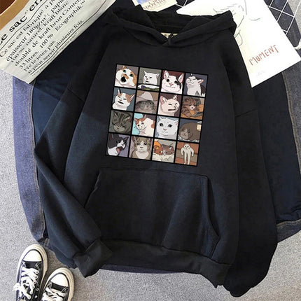 Funny Cute Cat Sweatshirt for Women Aesthetic Y2k 90s Hoodies Harajuku Graphic Pullovers 2000s Ulzzang Gothic Streetwear Female
