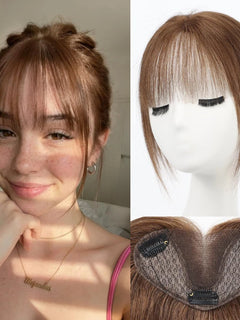 Ombre Blonde Highlight Human Hair Toppers with Air Bangs 8inch Hair Topper Hand-Tied Lace Base 360° Coverage for Women Hair Loss