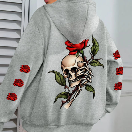 Oversized Y2K Skull and Rose Pattern - Hoodie - Soft Casual Long Sleeve Pocket, Comfortable Women's Oversized Daily Clothing