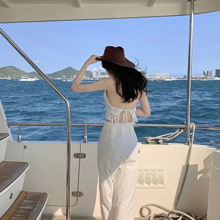 Sexy Boho Beach Holiday Canotta Halter Donna Crochet Maglia Costume da bagno Reggiseno Backless Vest Hollow Nappa Canotta Crop Top da donna platinumshop