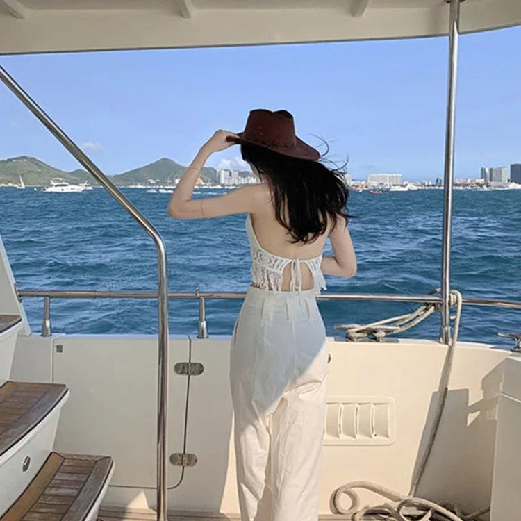 Sexy Boho Beach Holiday Canotta Halter Donna Crochet Maglia Costume da bagno Reggiseno Backless Vest Hollow Nappa Canotta Crop Top da donna platinumshop