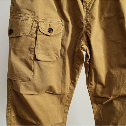 Men Elastic Drawstring Waist Jogger Cargo Pants Multi Button Pockets Vintage Washed Tapered Ankle Cuff Casual Street Trousers