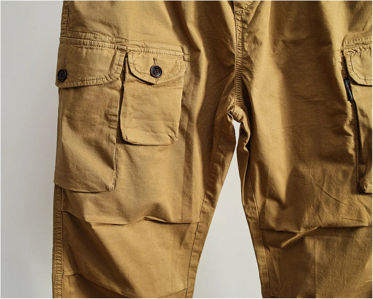 Men Elastic Drawstring Waist Jogger Cargo Pants Multi Button Pockets Vintage Washed Tapered Ankle Cuff Casual Street Trousers