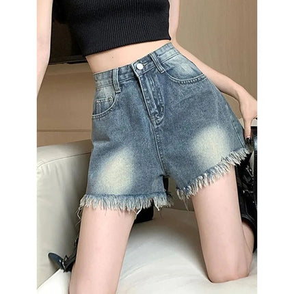 Women's retro vintage high waisted denim shorts thin casual summer with fringed edges slim and spicy A-line wide leg hot pants PlatiNum