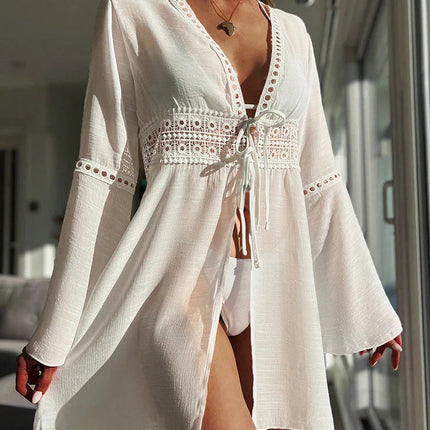 Copricostume da spiaggia Manica lunga con scollo a V Pareo Abbigliamento da spiaggia Protezione solare Abbigliamento da spiaggia lavorato a maglia Copricostume in pizzo Abito da spiaggia per le vacanze platinumshop