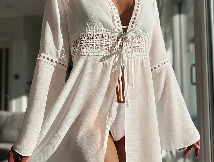 Copricostume da spiaggia Manica lunga con scollo a V Pareo Abbigliamento da spiaggia Protezione solare Abbigliamento da spiaggia lavorato a maglia Copricostume in pizzo Abito da spiaggia per le vacanze platinumshop