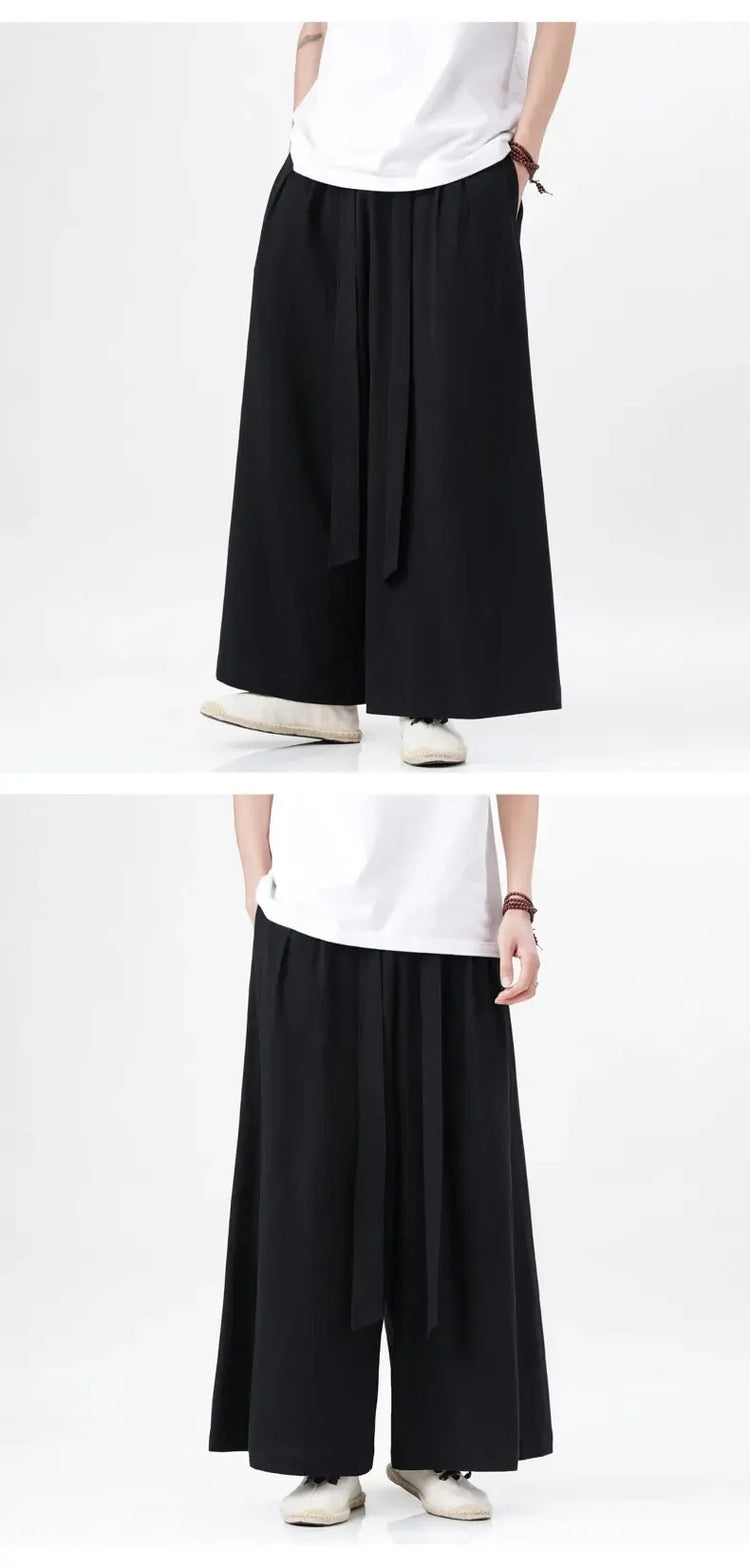 Pantaloni retrò in cotone e lino stile cinese Uomo Kimono estivo Pantaloni tradizionali in tinta unita Pantaloni casual a gamba larga streetwear maschile