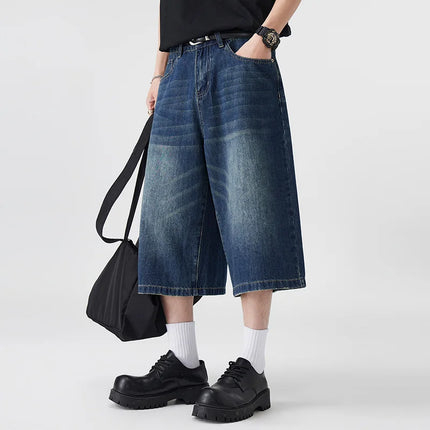 Pantaloncini Seven-Five in denim non elastico da uomo, vestibilità ampia, vestibilità ampia, versatile, stile semplice, casual