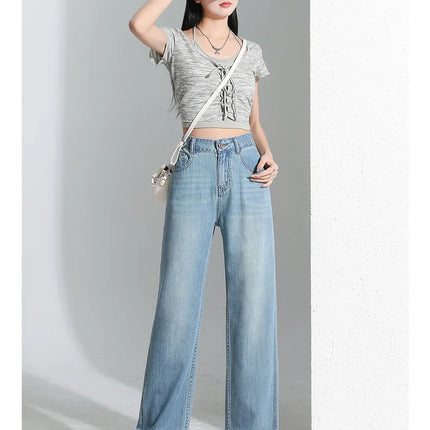 Jeans da donna in seta ghiaccio, nuovi, estivi 2026, in denim sottile e morbido, a gamba dritta e larga, modello baggy, versatili, blu ﻿