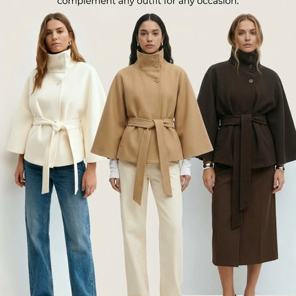 Women's Cape Coat Elegant Stand Collar Belted Solid Color Button Down Autumn Winter Jacket