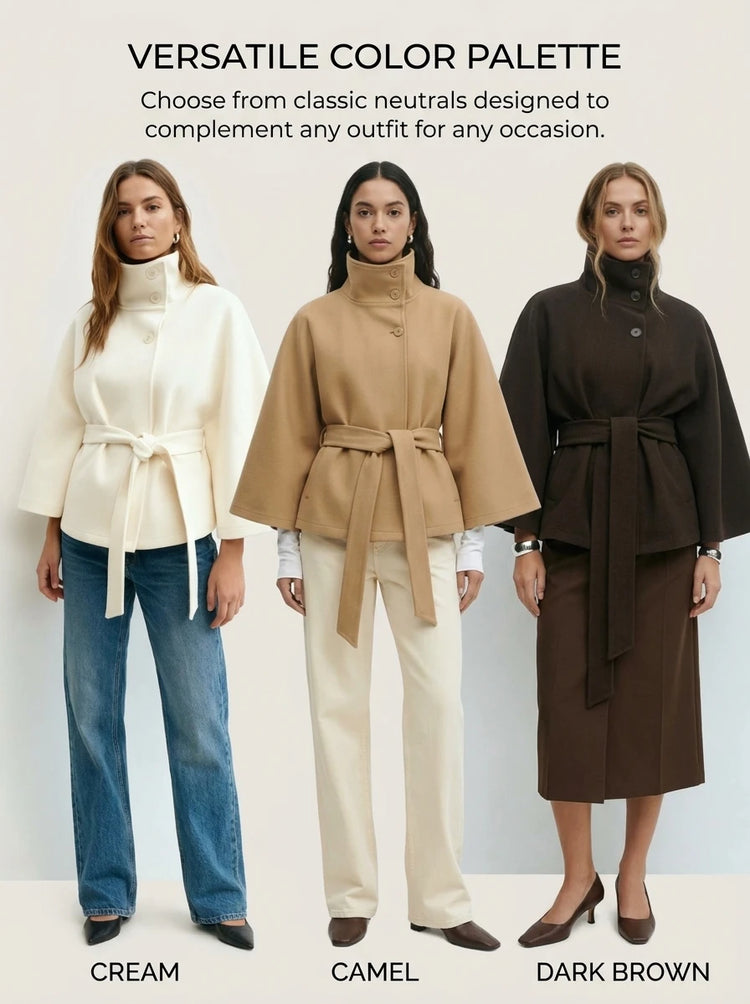 Women's Cape Coat Elegant Stand Collar Belted Solid Color Button Down Autumn Winter Jacket