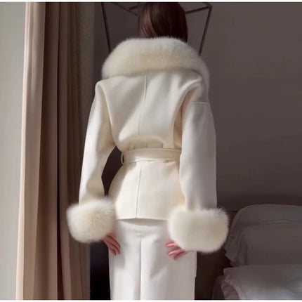 Women Faux Wool Short Coat Faux Fur Collar Cuffs Patchwork Lace-Up Coats Elegant Loose Luxury Ladies Autumn Winter Outerwear