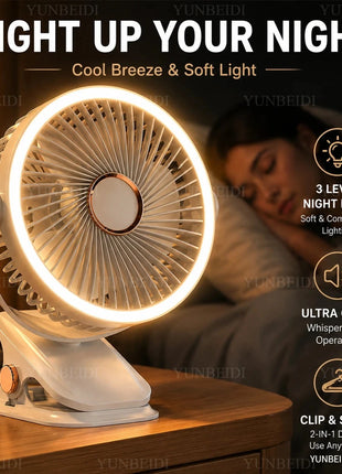Ventilatore Portatile con Clip e Luci LED, 3 Velocità Regolabili, Silenzioso, da Scrivania, per Casa, Camera da Letto e Campeggio