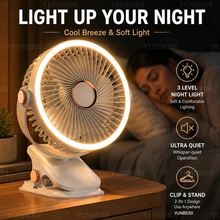 Ventilatore Portatile con Clip e Luci LED, 3 Velocità Regolabili, Silenzioso, da Scrivania, per Casa, Camera da Letto e Campeggio