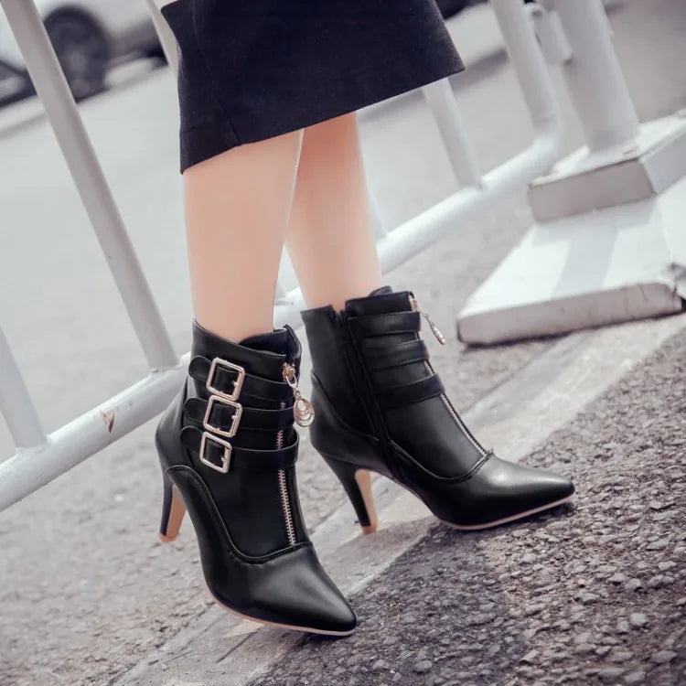 Women Shoes  Boots Spring High Heels Ankle Boots Pointed Toe Buckle  Boots Zip Ladies Shoes White Big Size 2023