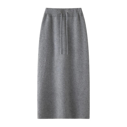 Women's Cashmere Skirts Thicken Autumn Winter Drawstring Slit Straight Long Skirt Casual 100% Cashmere Knitted High Waist Dress PlatiNum