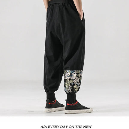 Pantaloni da uomo Costume da samurai giapponese Ukiyo-e Cintura con stampa Pantaloni stile harem da uomo in cotone e lino Pantaloni casual Harajuku da uomo Taglie forti 5XL