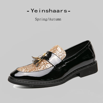 Mocassini di Lusso da Uomo con Tacco Basso, Slip-on Casual in Pelle Dorata, Scarpe da Festa con Nappe, Scarpe Eleganti da Uomo, Scarpe con Plateau da Uomo