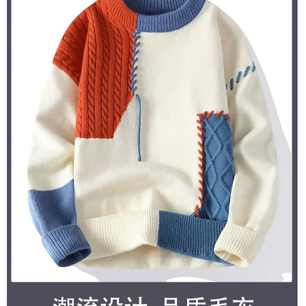 Autumn Winter Warm Mens Knitted Sweaters Fashion Patchwork O Neck Knit Pullovers Korean Streetwear Pullover Casual Mens Clothing