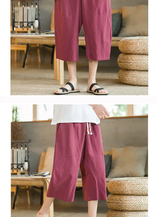 Pantaloni di lino da uomo in stile cinese Pantaloni a gamba larga da uomo con cavallo basso Pantaloni da uomo HipHop Pantaloni al polpaccio Pantaloni da pista Streetwear
