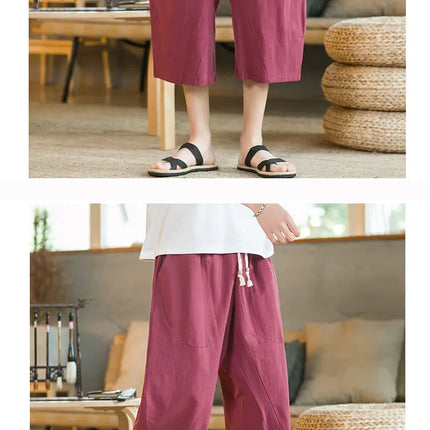 Pantaloni di lino da uomo in stile cinese Pantaloni a gamba larga da uomo con cavallo basso Pantaloni da uomo HipHop Pantaloni al polpaccio Pantaloni da pista Streetwear