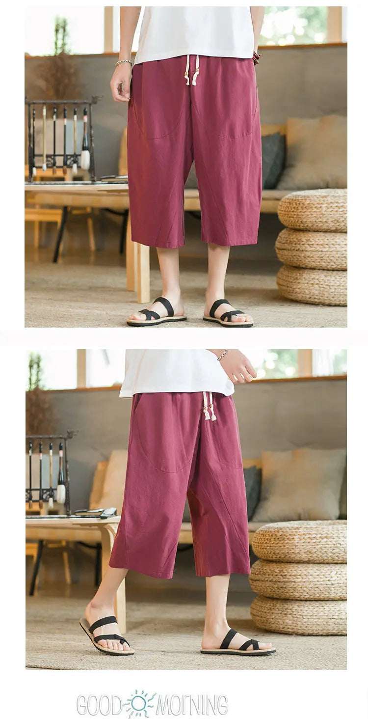 Pantaloni di lino da uomo in stile cinese Pantaloni a gamba larga da uomo con cavallo basso Pantaloni da uomo HipHop Pantaloni al polpaccio Pantaloni da pista Streetwear