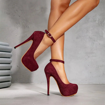 Big Size 36-47 Soft Flock Office Shoes Women Pumps 2026 Buckle Round Toe Super High Heels 14.5CM Sexy Platform Party Shoes Woman PlatiNum