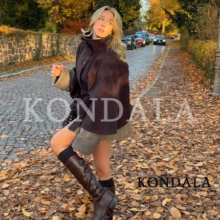 KONDALA Women Fall Casual Elegant Cloak Jacket Stand-Collar Soft Tweed Belt Jacket New 2026 Autumn Winter Trendy Cape Style Coat